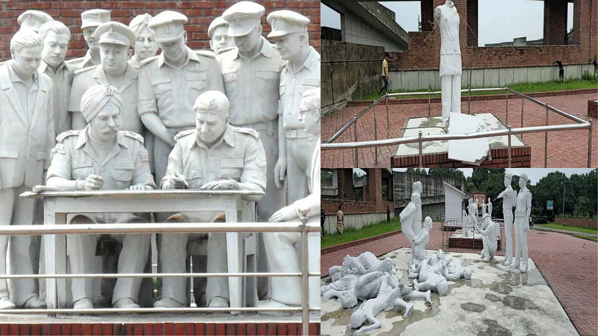 | Photo: X : Bangladesh Unrest: Statue Of Pak's 1971 Surrender Vandalised; Tharoor Slams 'Anti-India' Vandals 